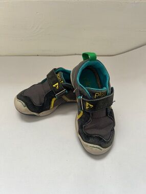 PLAE Ty Gray & Teal Kids Velcro Sneakers with Green Heel Tab